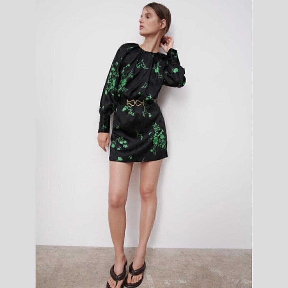 Zara Green Floral Long Sleeve Mini Dress Belted NWT - Picture 14 of 16
